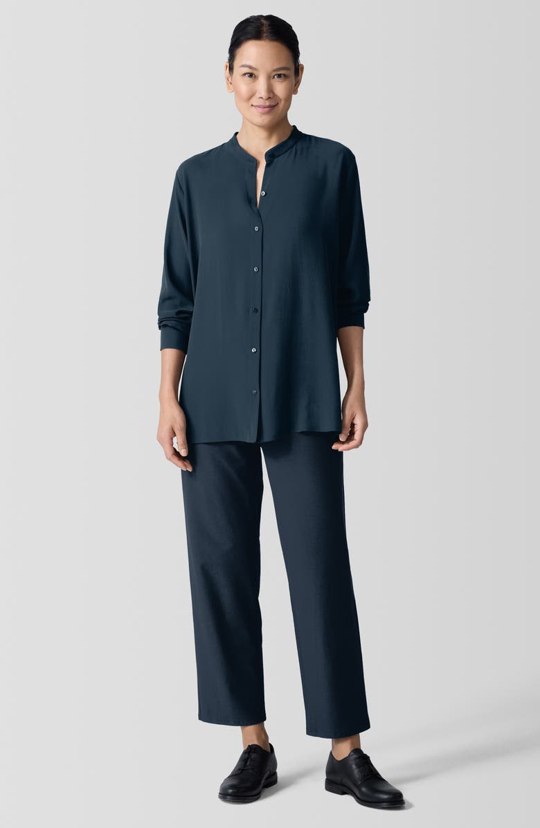 Eileen Fisher Mandarin Collar Silk Button-Up Shirt, Alternate, color, Deep Adriatic