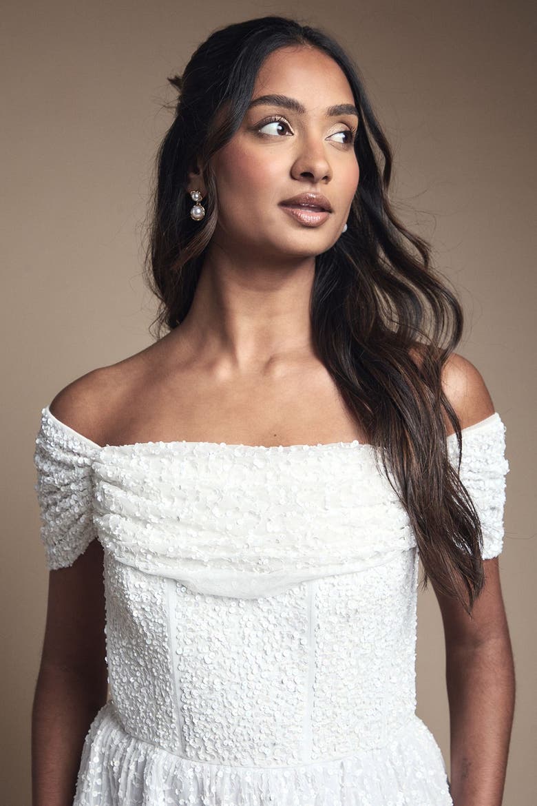 Bardot Embellished Bridal Mini Dress, Alternate, color, Ivory