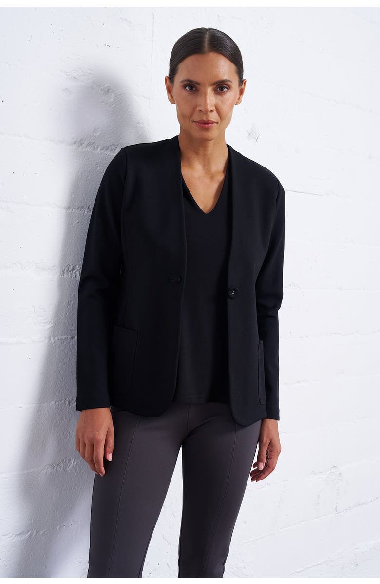 Franne Golde Perfect Ponte Collarless Fitted Stretch Blazer, Alternate, color, Black