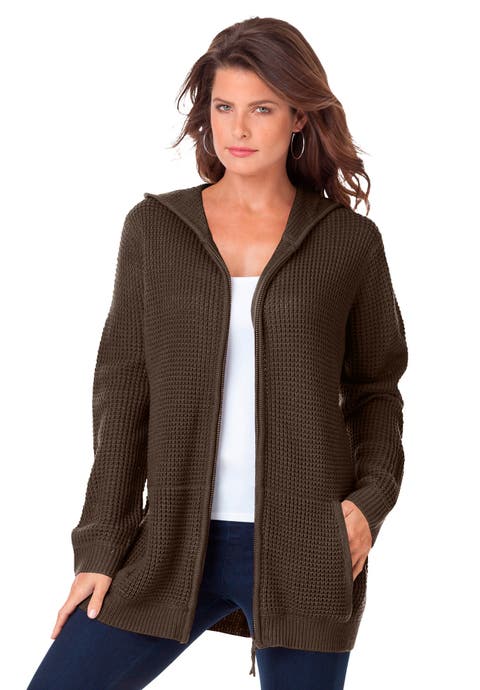 Plus Size Waffle Knit Zip-Front Relaxed Hoodie (Plus)