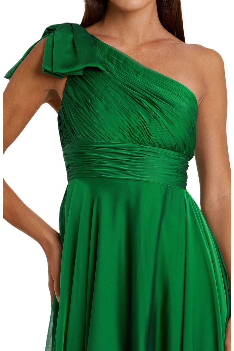 One Shoulder Pleated Chiffon Gown with Draped Waist and High Slit, Alternate, color, EMERALD