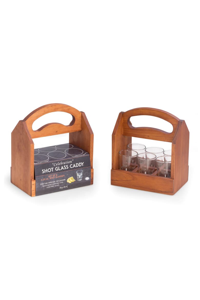 Set of 6 Shot Glasses & Wooden Caddy, Alternate, color, BROWN