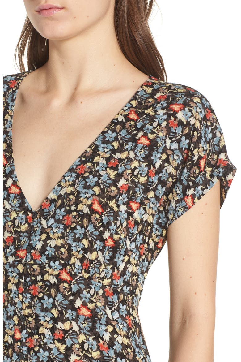 Floral Print Button Front Dress, Alternate, color, BLACK GROUND FLORAL
