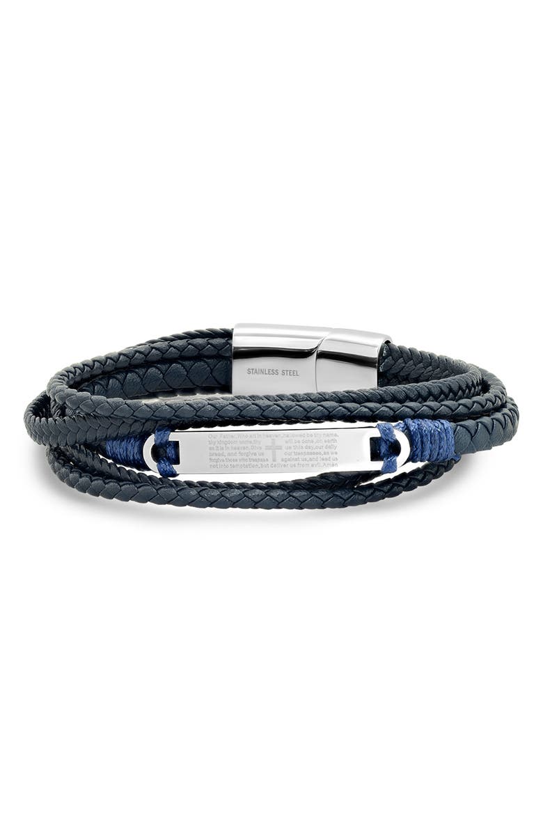 HMY JEWELRY Men's Prayer Layered Braided Leather Bracelet, Main, color, Black/ Navy