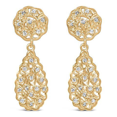 14K Yellow Gold Plated Silver 1/5 Cttw Diamond Teardrop Filigree Earrings