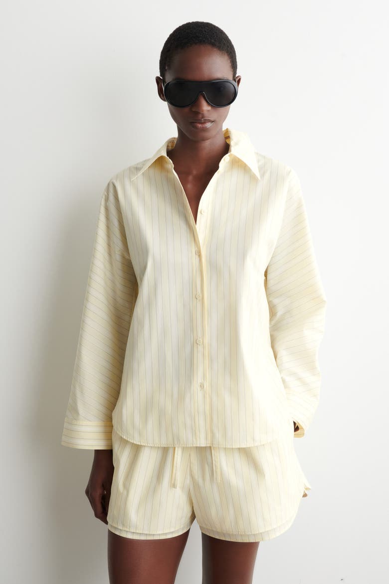 Pleated Striped Cotton Shirt, Main, color, YELLOW / STRIPED