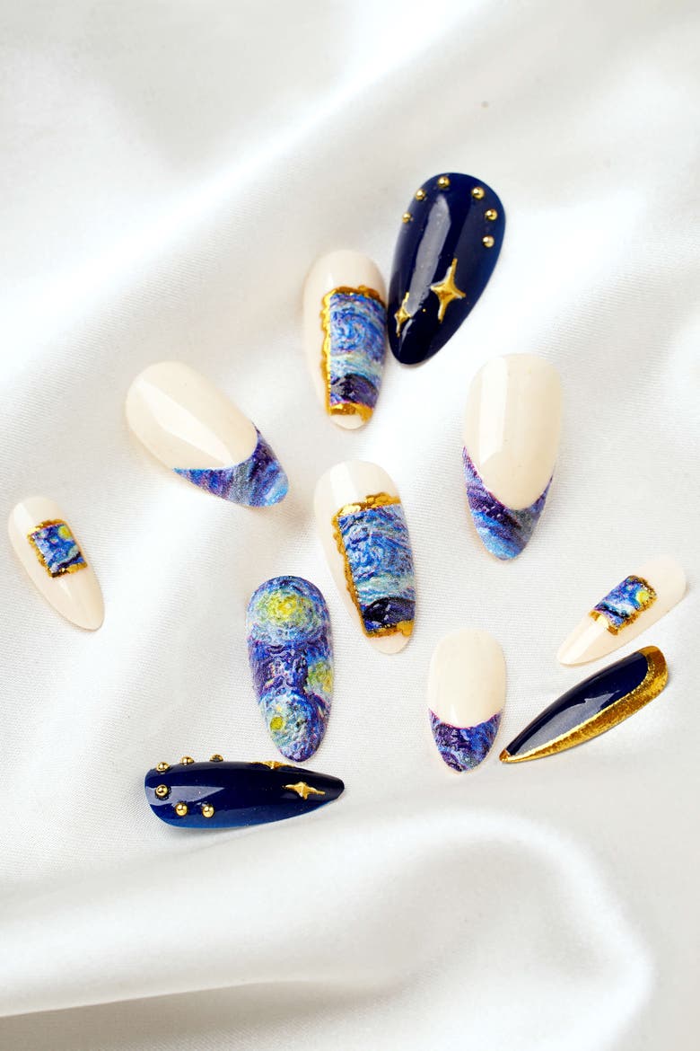 Van Gogh The Starry Night Almond Press On Nails, Alternate, color, Blue