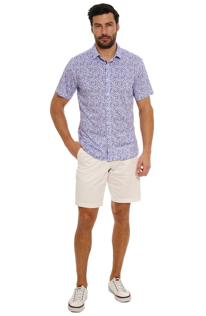 Robert Graham Zambia Floral Geo Short Sleeve Button-Up Shirt, Alternate, color, Purple