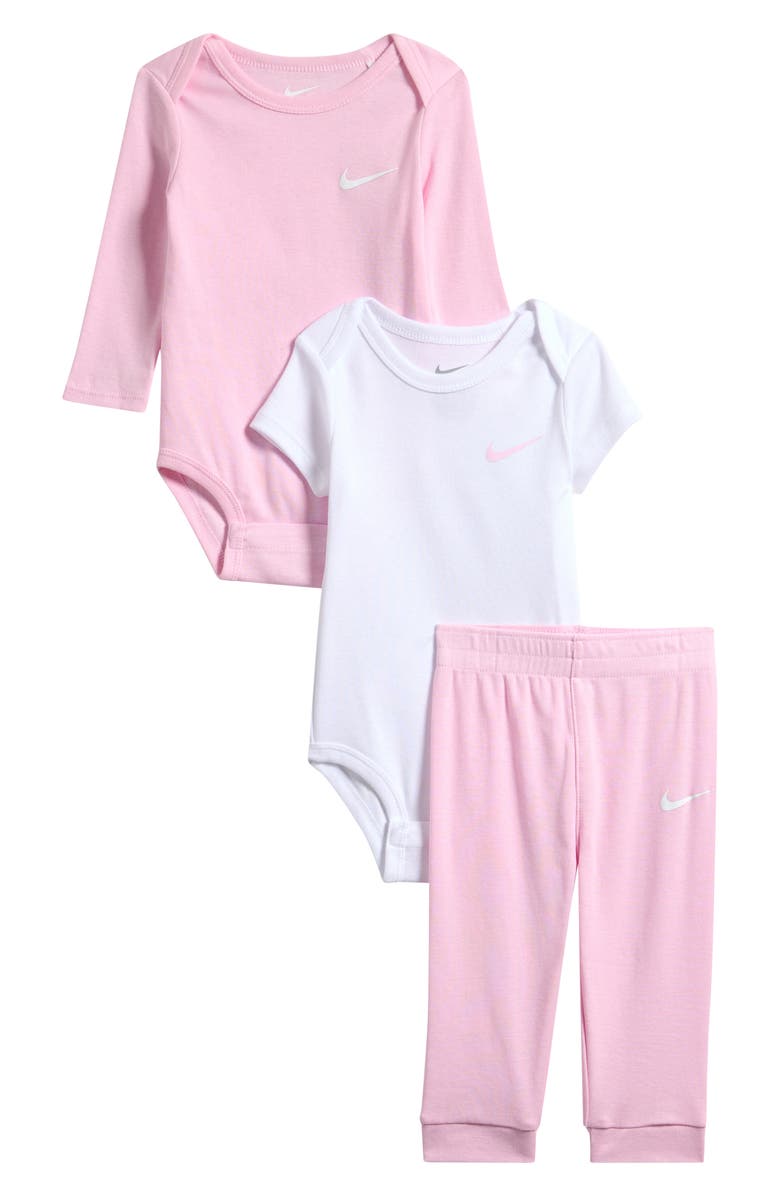 Nike Solid 3-Piece Bodysuits & Joggers Set, Main, color, Pink Foam