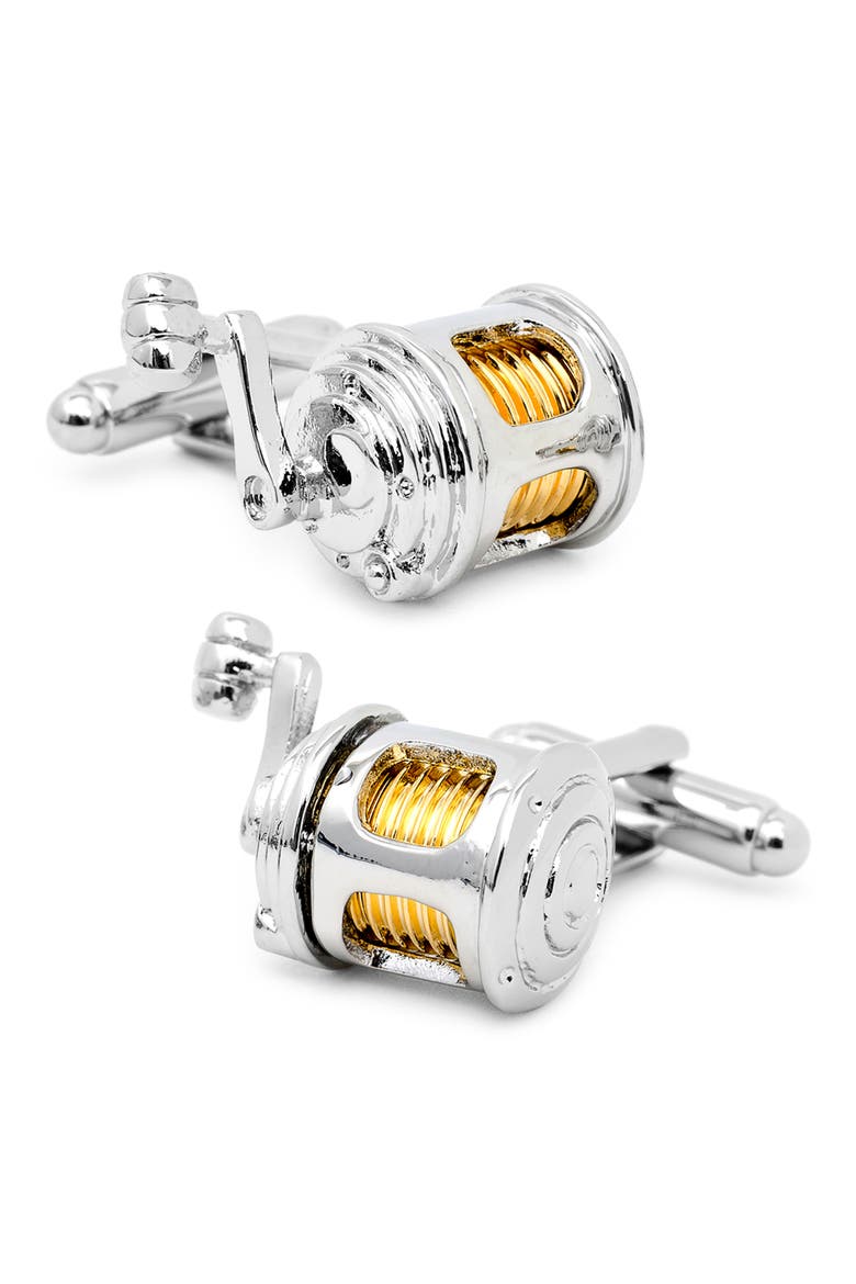 Fishing Reel Cuff Links, Main, color, SILVER