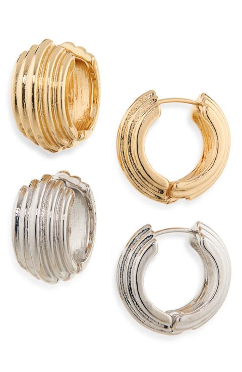 Set of 2 Two-Tone Textured Huggie Hoop Earrings
