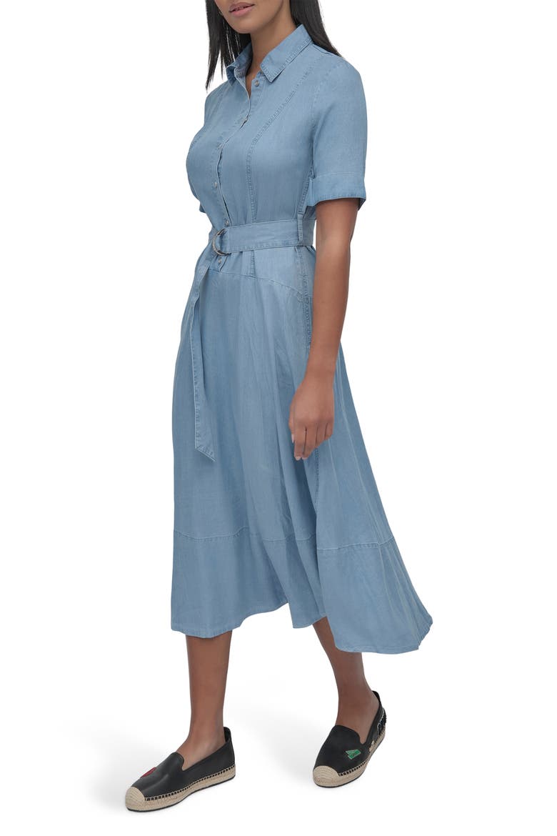 Belted Drop Waist Denim Midi Dress, Alternate, color, CHAMBRAY