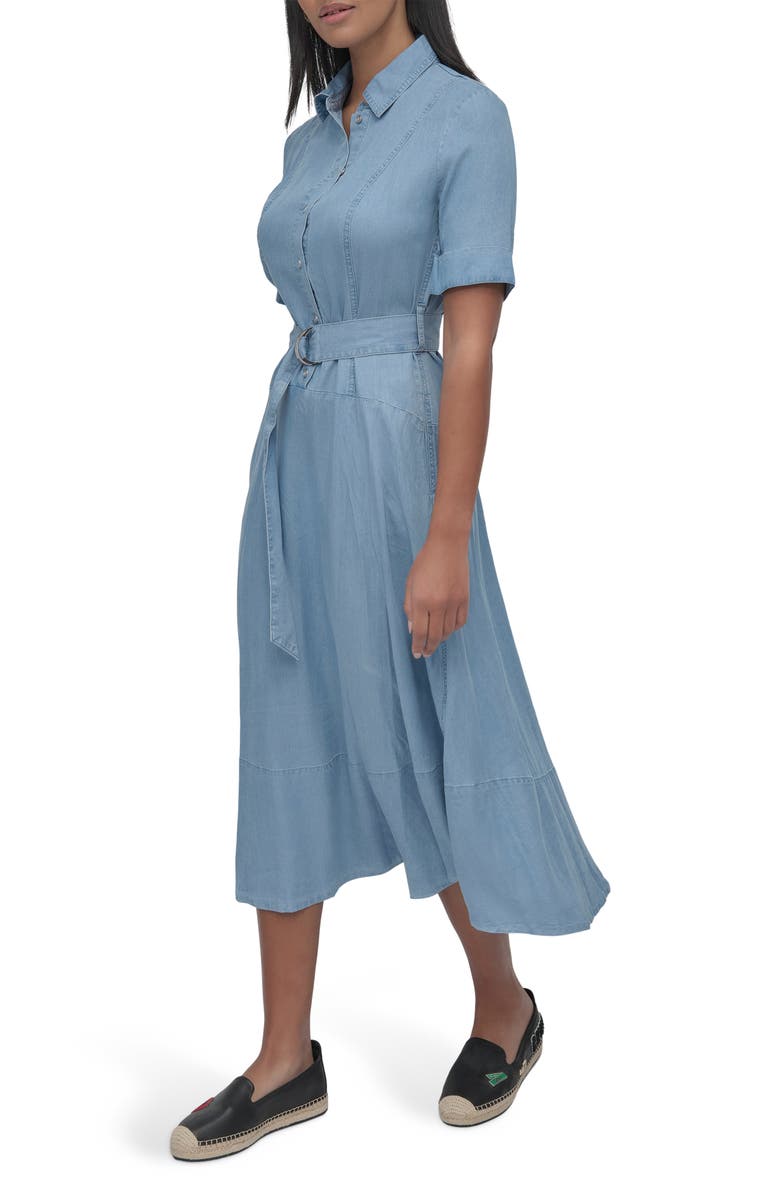DKNY Jeans Belted Drop Waist Denim Midi Dress, Alternate, color, Chambray