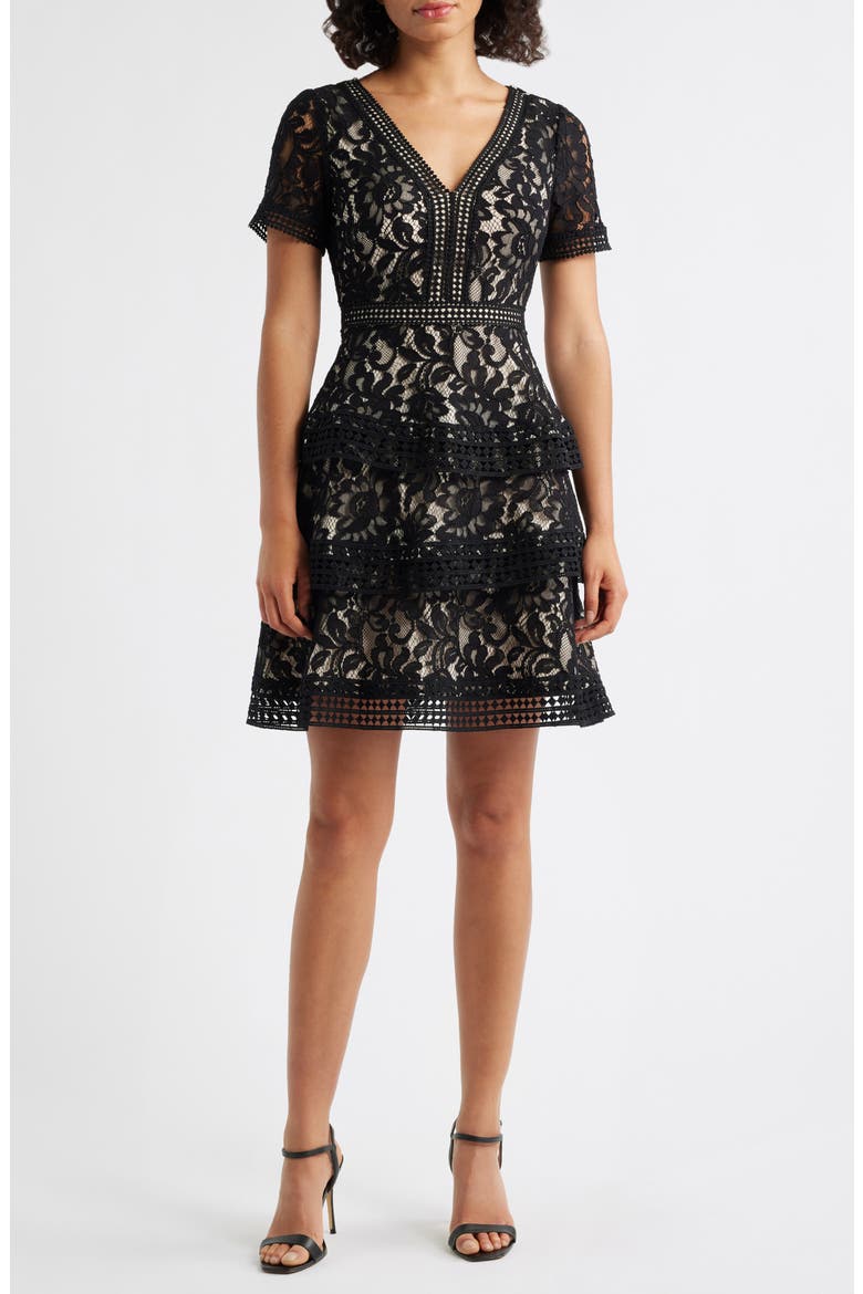 Lace Tiered Dress, Main, color, BLACK