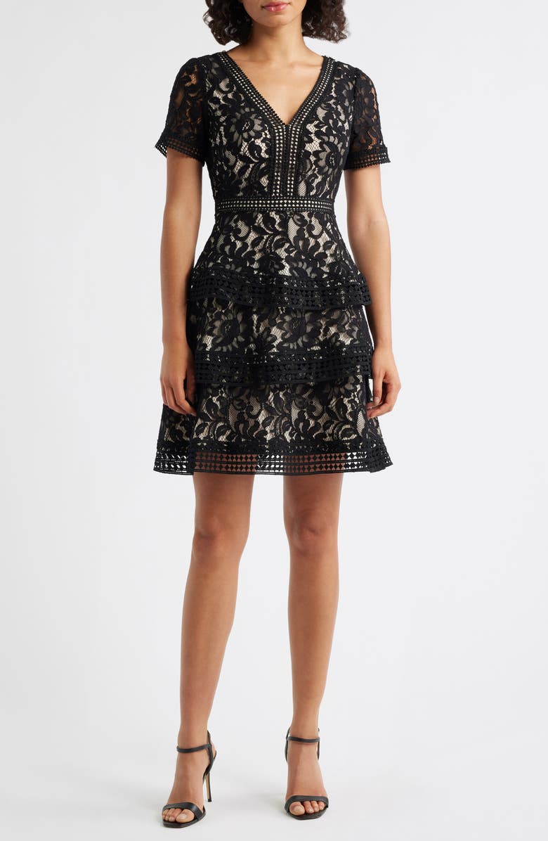 Eliza J Lace Tiered Dress, Main, color, Black