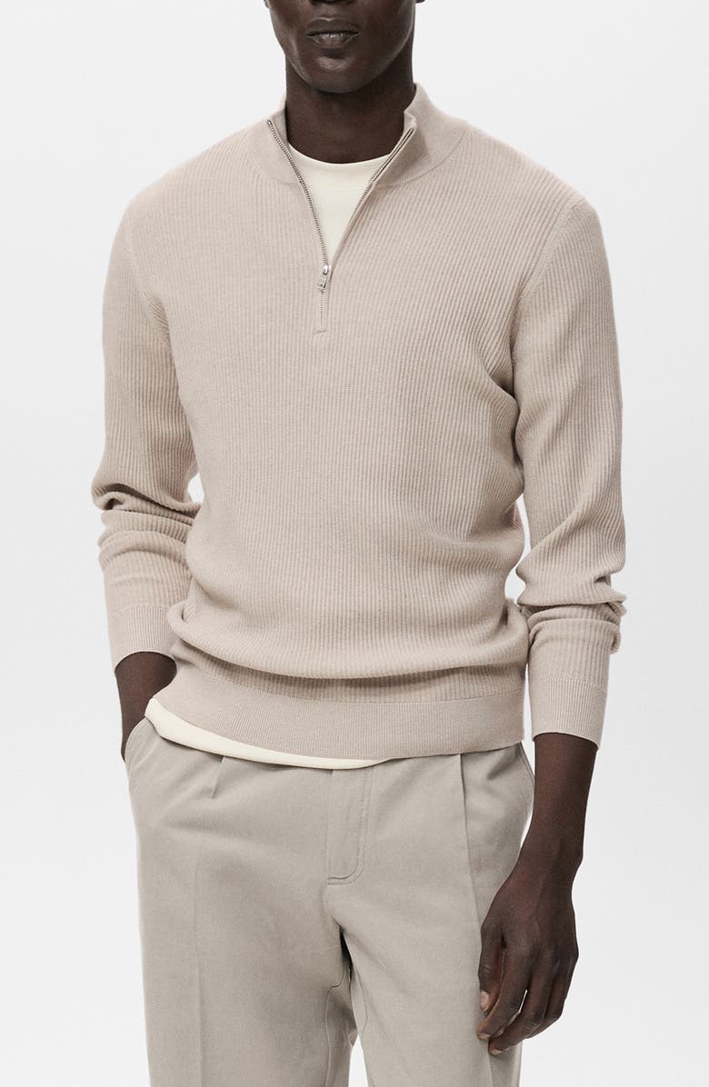 MANGO Rib Quarter Zip Sweater, Main, color, Beige