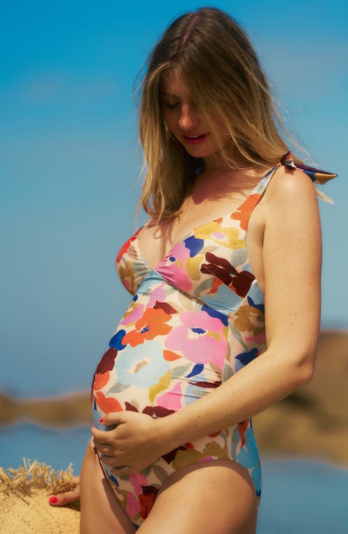 Cache Coeur Gloria Tie Shoulder One-piece Maternity Swimsuit In Floral Multi