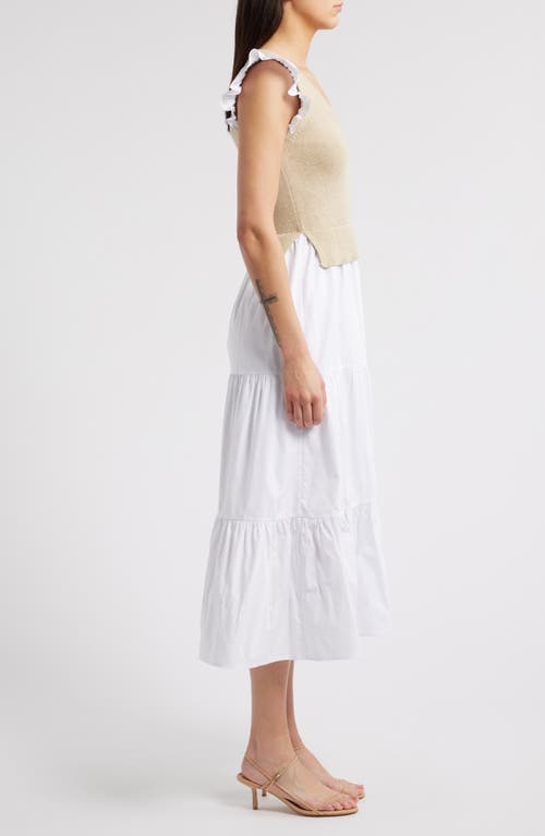 Zoe And Claire Mixed Media Tiered Cotton Poplin Dress In Khaki