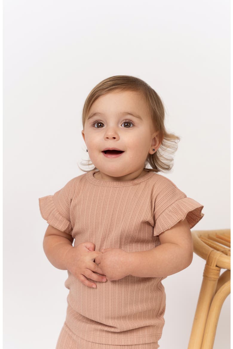 Rib Ruffle Sleeve Cotton Knit T-Shirt & Shorts Set, Alternate, color, MAUVE