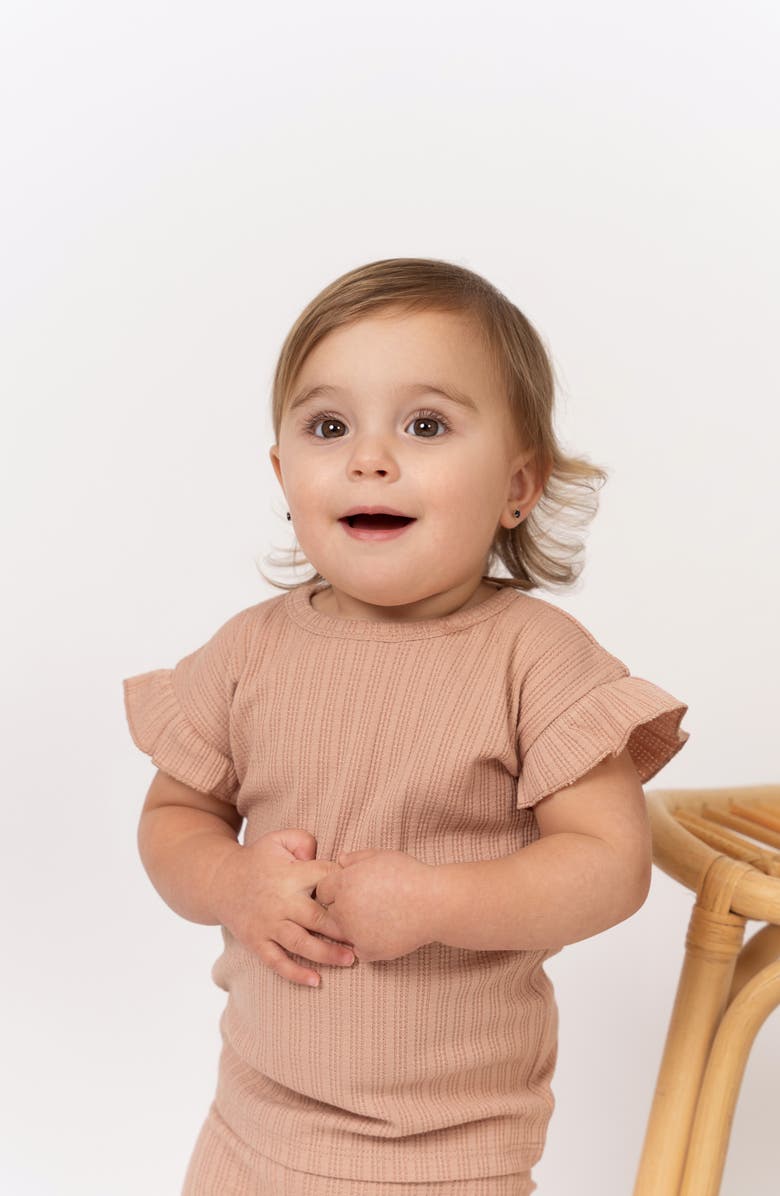 Manière Rib Ruffle Sleeve Cotton Knit T-Shirt & Shorts Set, Alternate, color, Mauve