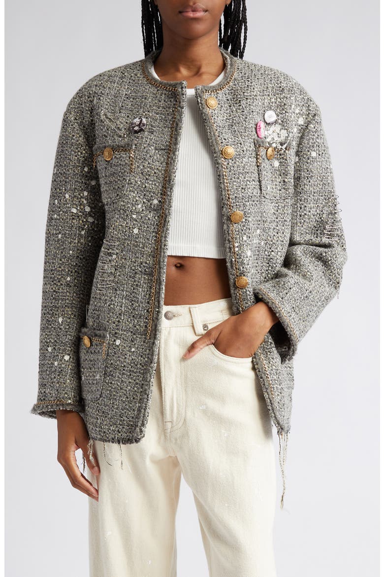 Paint Splatter Oversize Tweed Jacket, Main, color, GREY