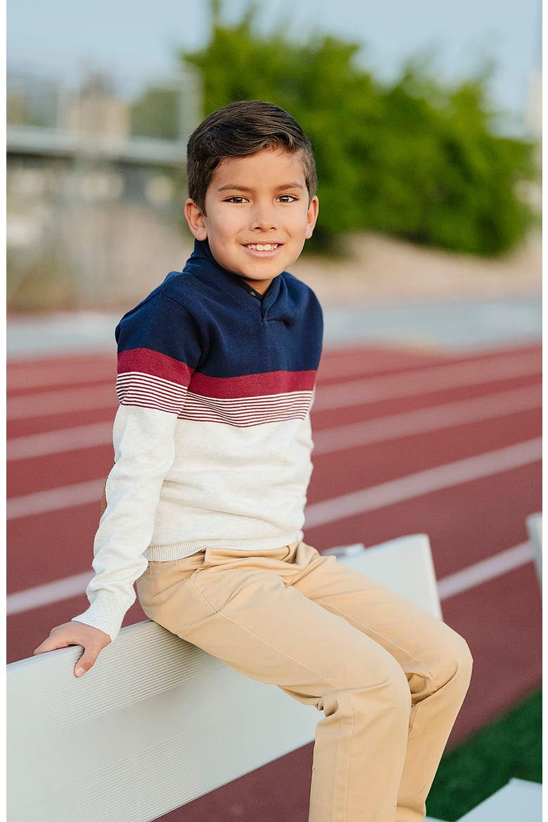Kids' Organic Long Sleeve Striped Shawl Collar Sweater, Alternate, color, Navy and Gray Chest Stripe