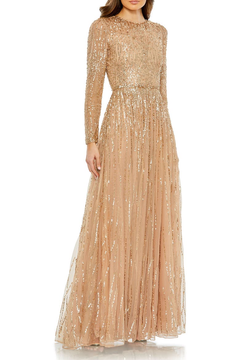 Sequined Illusion High Neck Long Sleeve Gown, Main, color, Latte