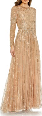 Mac Duggal Sequined Illusion High Neck Long Sleeve Gown
