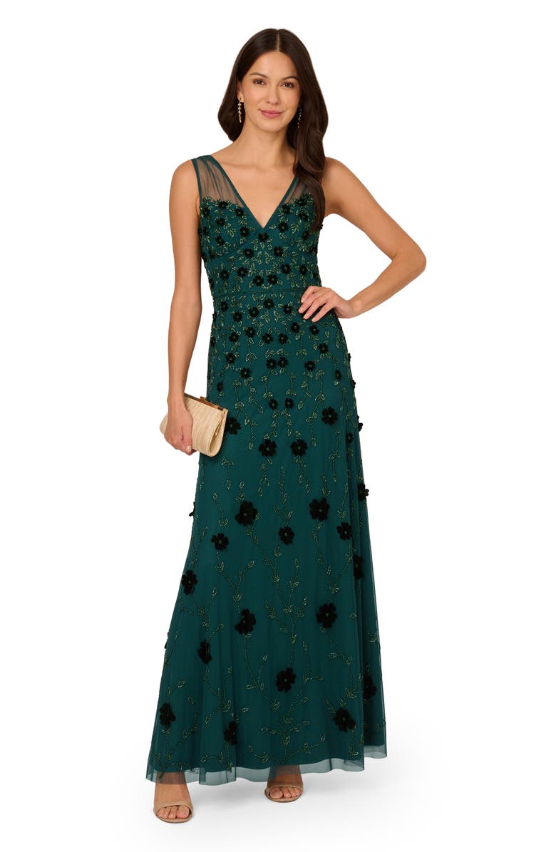 Adrianna Papell Embellished Mesh Overlay Gown, Alternate, color, Gem Green