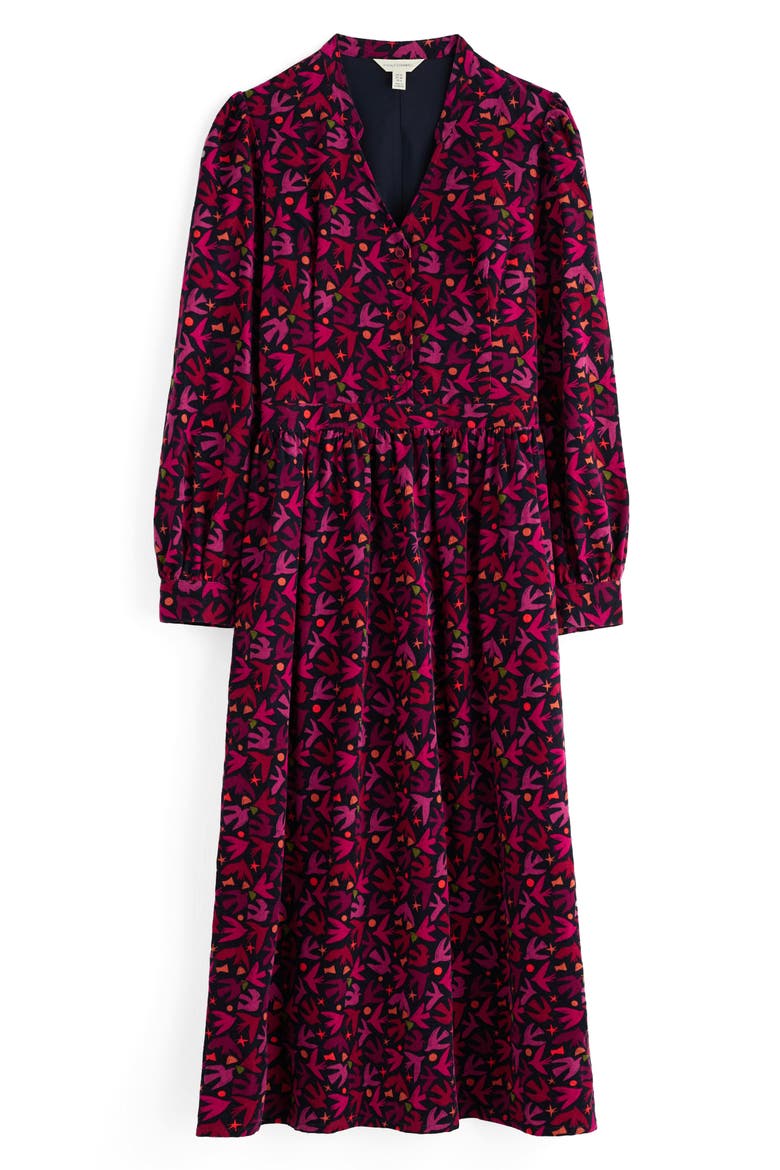 Rose Cottage Bird Print Long Sleeve Cotton Corduroy Midi Dress, Alternate, color, PAPER BIRDS JAM