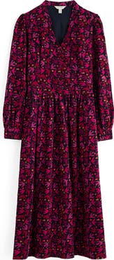 Seasalt Cornwall Rose Cottage Bird Print Long Sleeve Cotton Corduroy Midi Dress