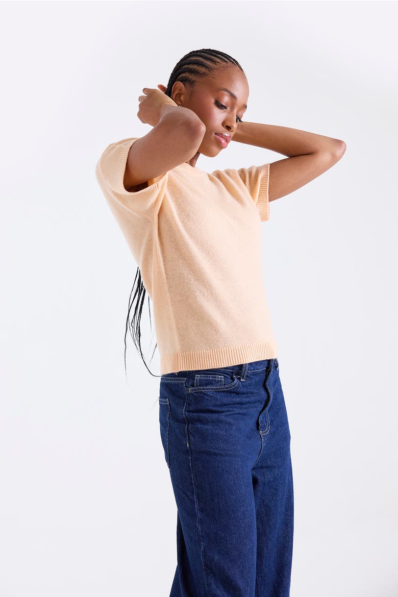 Esme Short Sleeve 100% Cashmere Top, Alternate, color, BELLINI PEACH