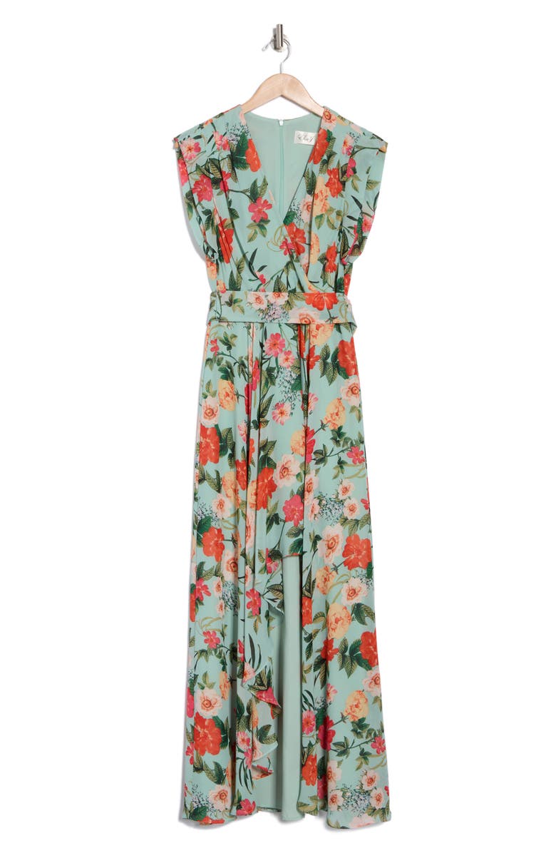 Eliza J Obi Floral Tie Waist High-Low Dress, Alternate, color, 