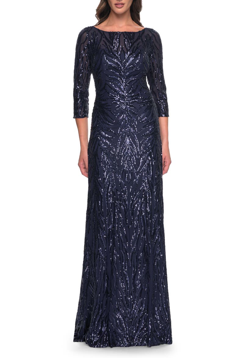 Print Sequin Gown with High Neckline and Sleeves, Main, color, Navy