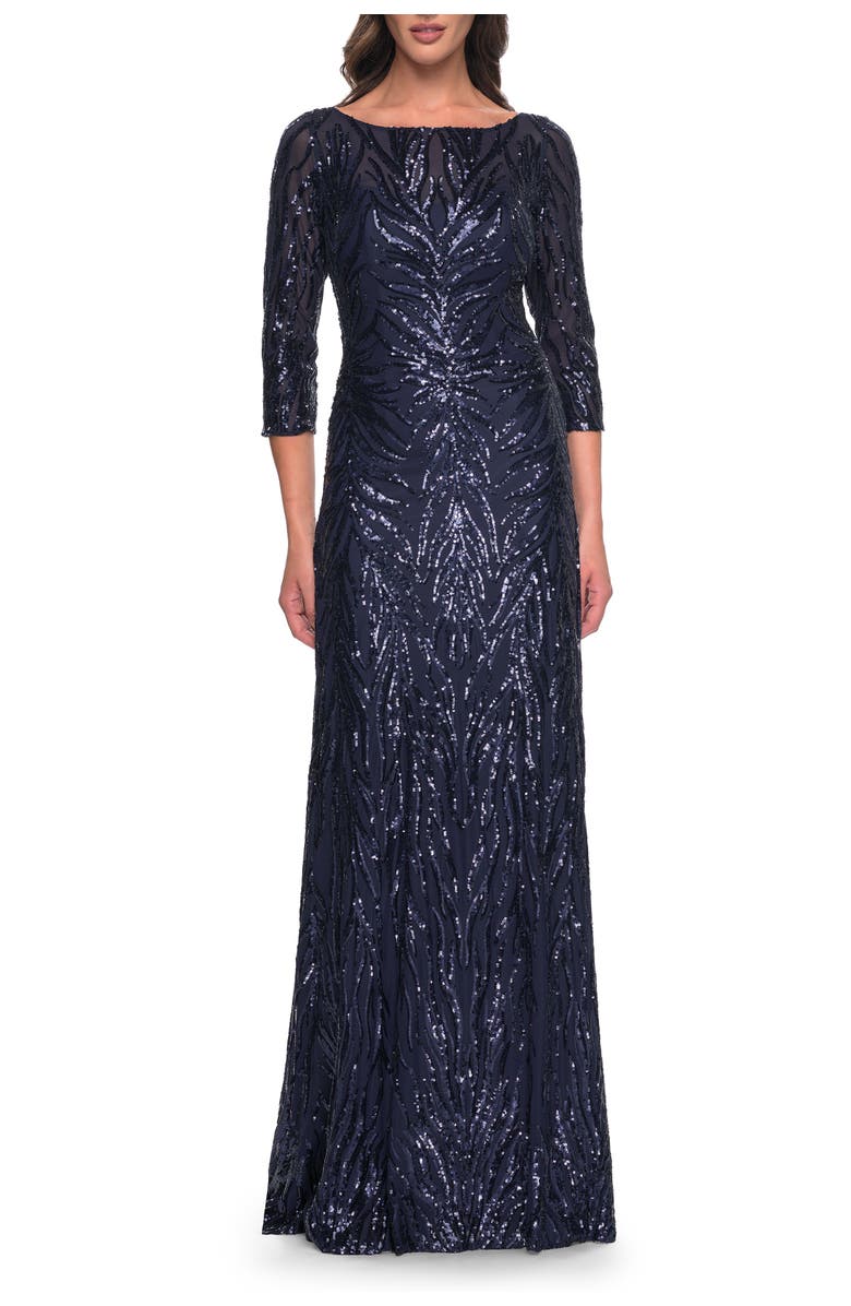 La Femme Print Sequin Gown with High Neckline and Sleeves, Main, color, Navy