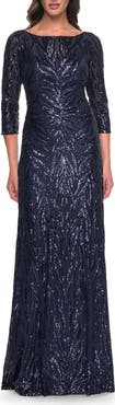 La Femme Print Sequin Gown with High Neckline and Sleeves