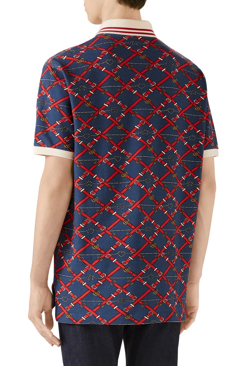 Gucci Belt Chess Print Short Sleeve Piqué Polo, Alternate, color, 