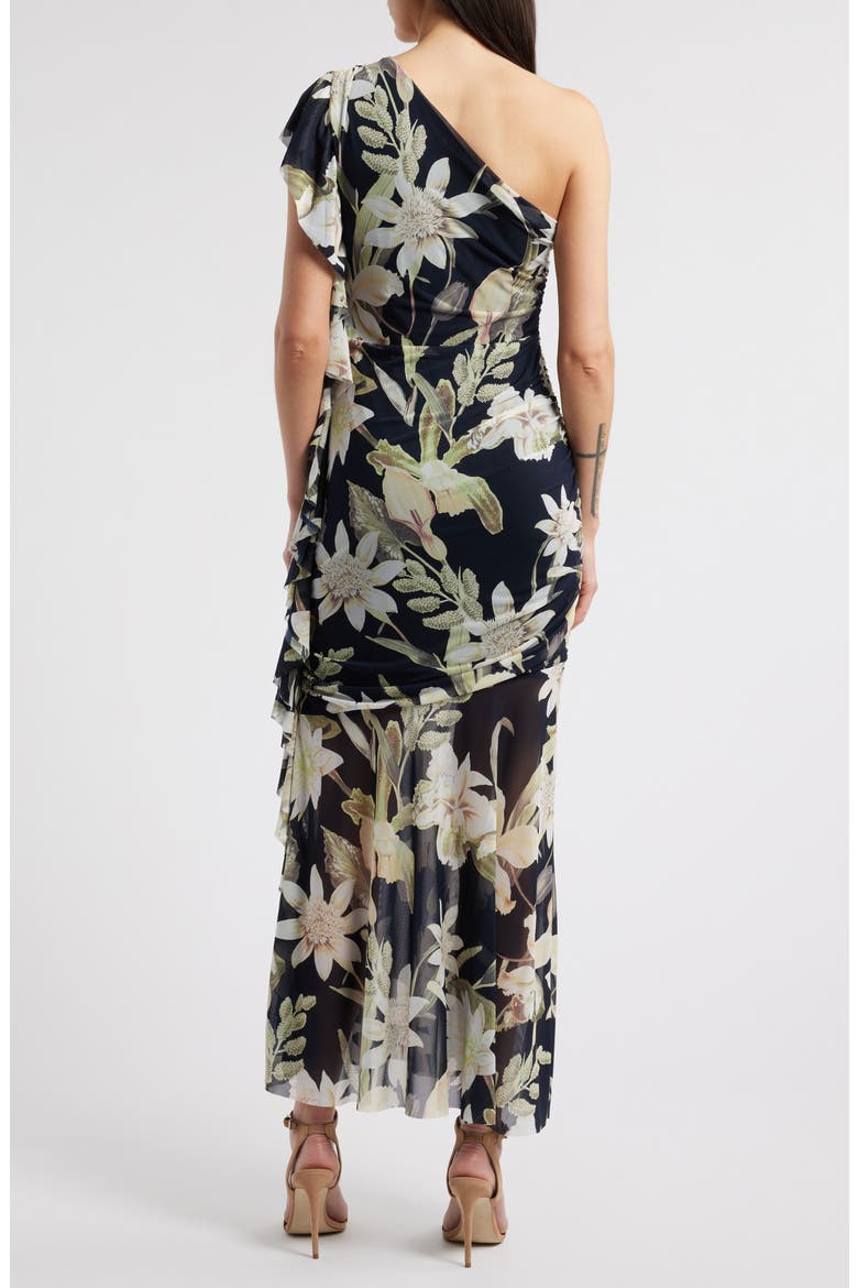 Drape Ruffle One-Shoulder Maxi Dress, Alternate, color, NAVY- GREEN ISLAND FLORAL