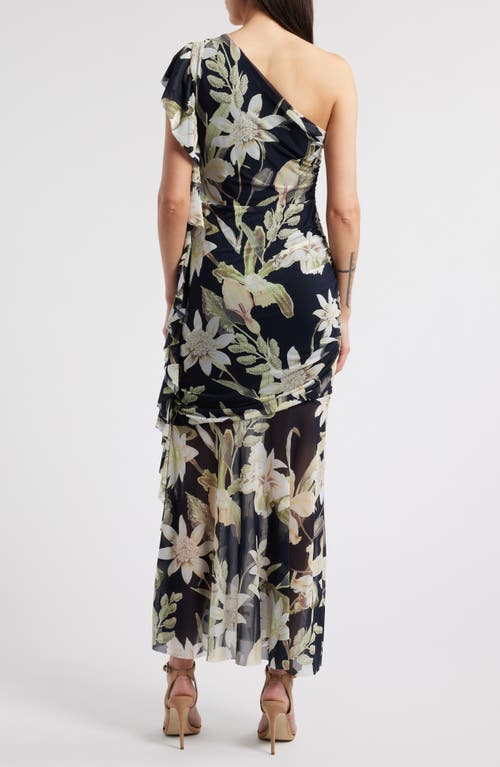 Chelsea28 Drape Ruffle One-shoulder Maxi Dress In Navy- Green Island Floral