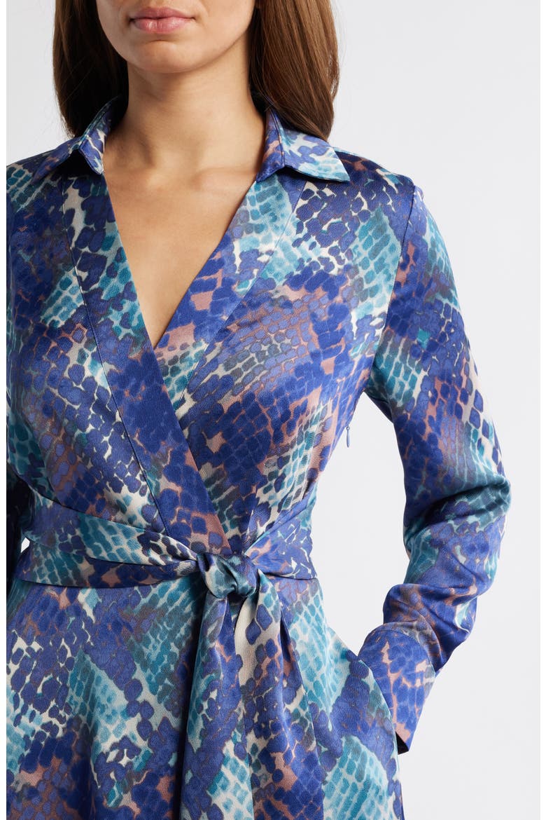 Long Sleeve Hammered Satin Wrap Front Shirtdress, Alternate, color, INDIGO SNAKE