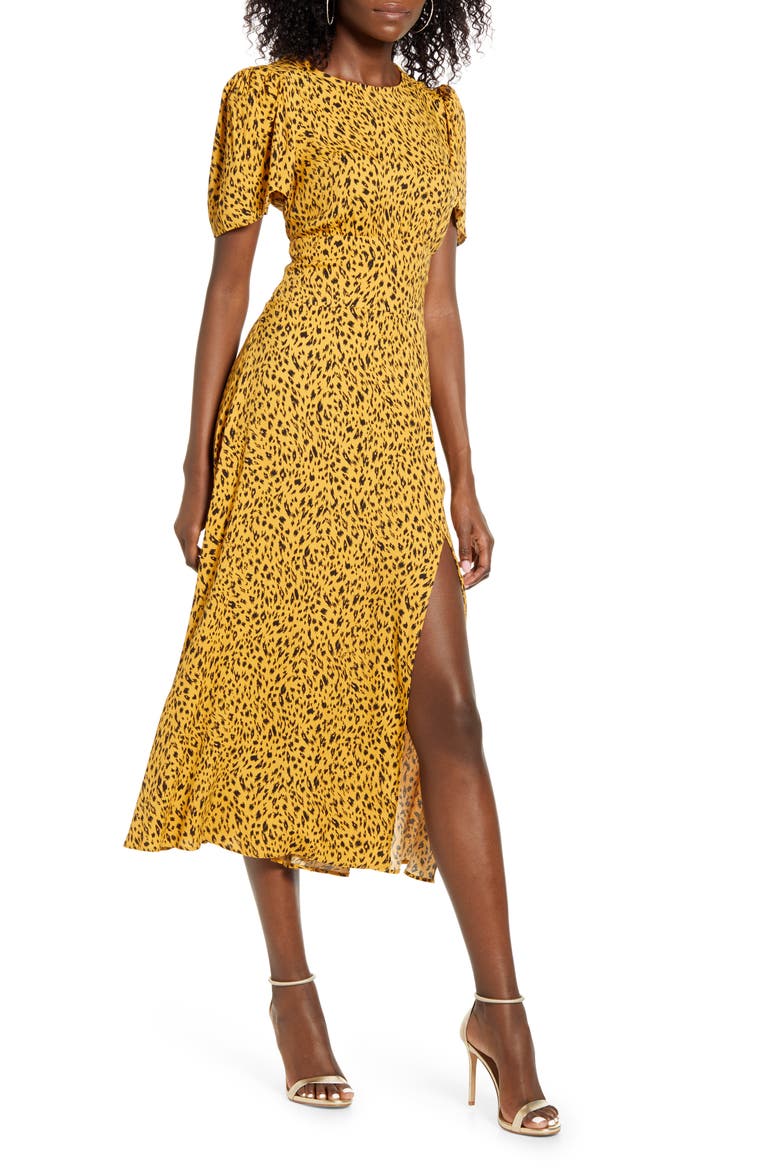 AFRM Jamie Print Open Back Short Sleeve Dress, Main, color, GOLD LEOPARD