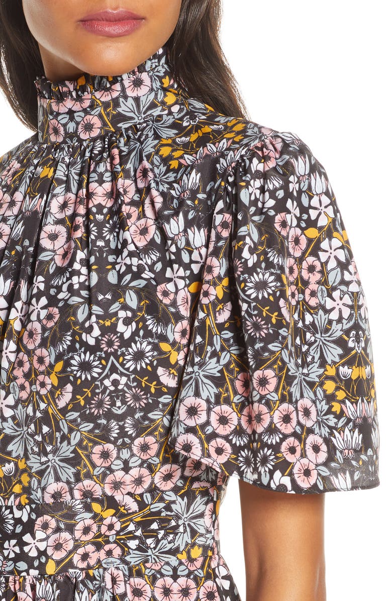 Julia Jordan Ruffle Neck Flutter Sleeve A-Line Dress, Alternate, color, Black Multi