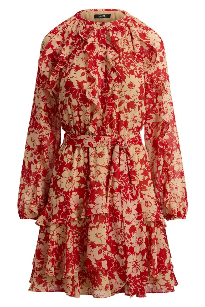 Print Ruffle Trim Georgette Tiered Dress, Alternate, color, RED/ BEIGE