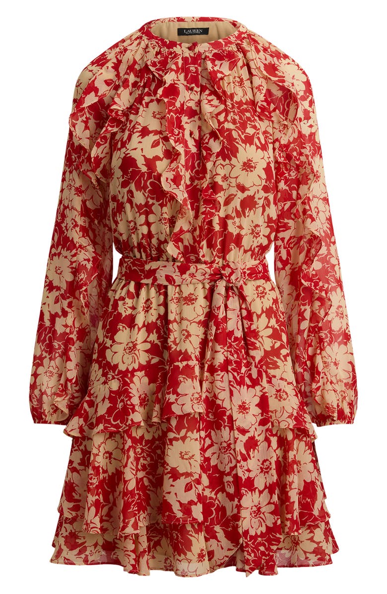 Lauren Ralph Lauren Print Ruffle Trim Georgette Tiered Dress, Alternate, color, Red/ Beige