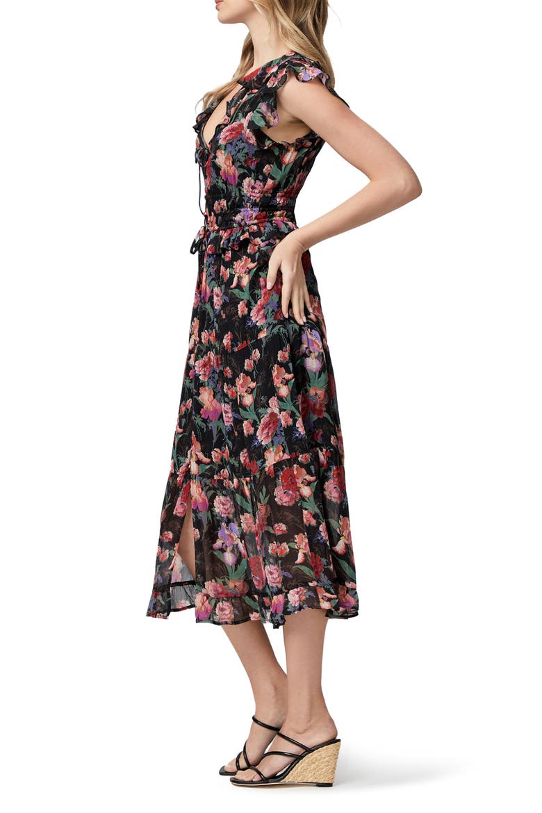 Paradis Ruffle Silk Midi Dress, Alternate, color, BLK MULTI