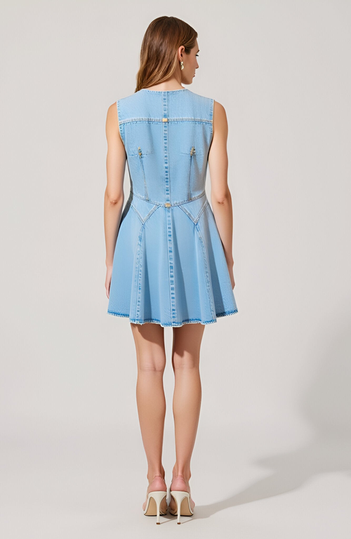 Modenaire Sleeveless Denim Mini Dress With Button Front And Flared Skirt In Blue