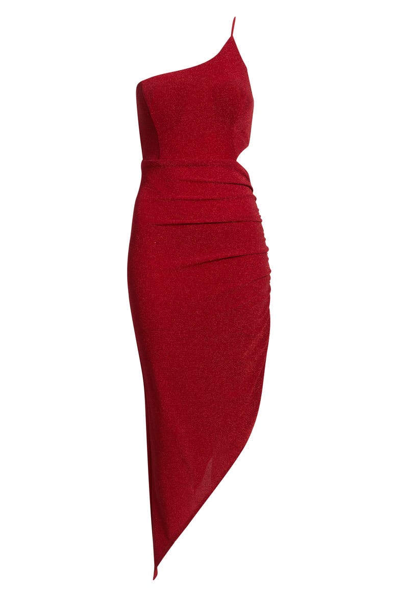 Metallic Knit One-Shoulder Asymmetric Gown, Alternate, color, RED