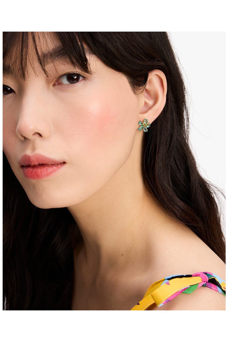cubic zirconia flower stud earrings, Alternate, color, BLUE GOLD