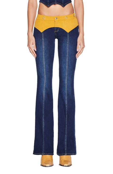 Tommie Mixed Media Flare Leg Jeans (Dark Wash)