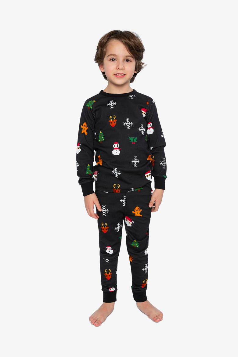 Christmas Pixel Organic Cotton Top Pants Two Piece Pajama Set, Alternate, color, Black Christmas Pixel Print